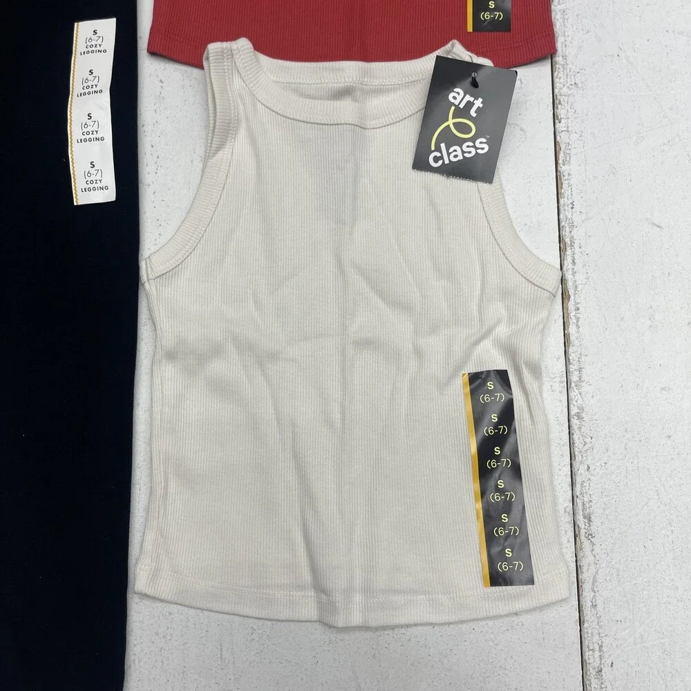 Cat & Jack Art Class Outfit Set Girls Small 6-7 Red Cream Tanks Black Leggings